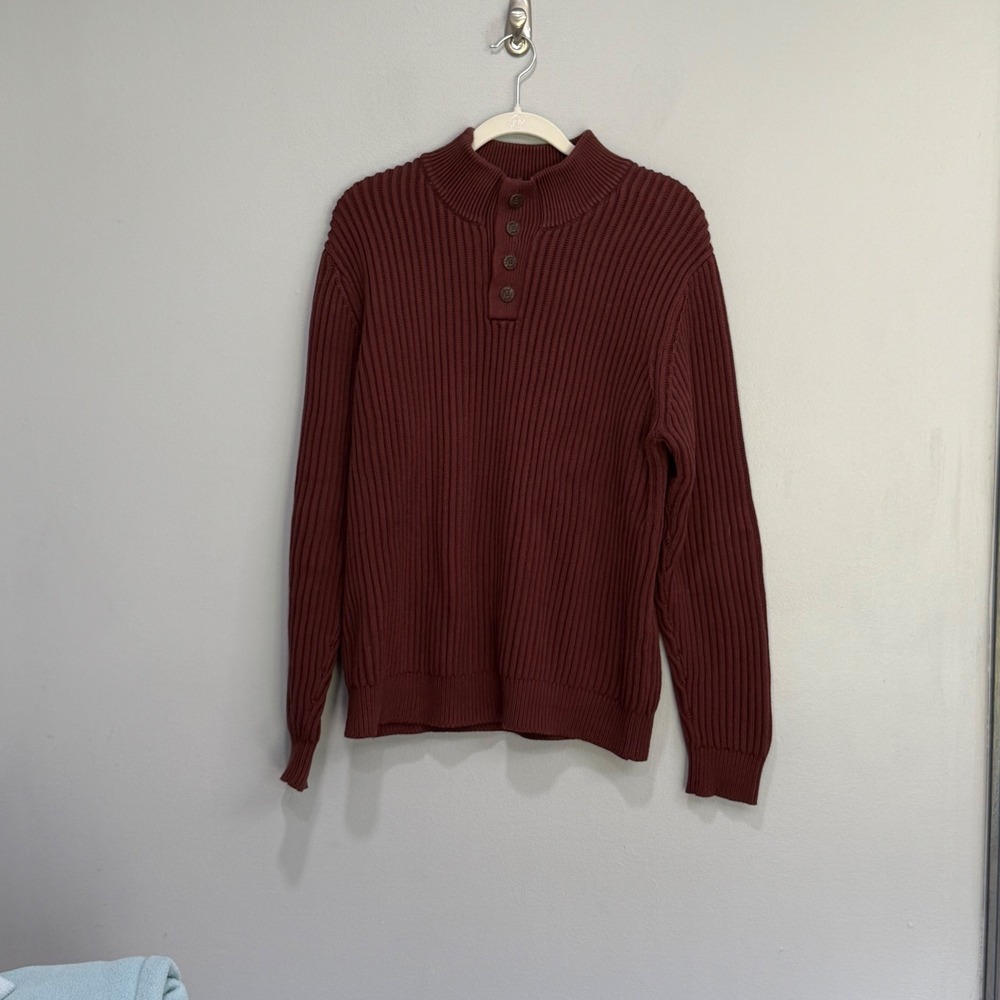 VTG LL Bean Mens Burgundy Ribbed Knit 100% Cotton cabin fall Sweater Large